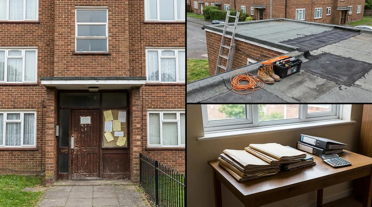 UK apartment building showing maintenance and management challenges with share of freehold ownership.