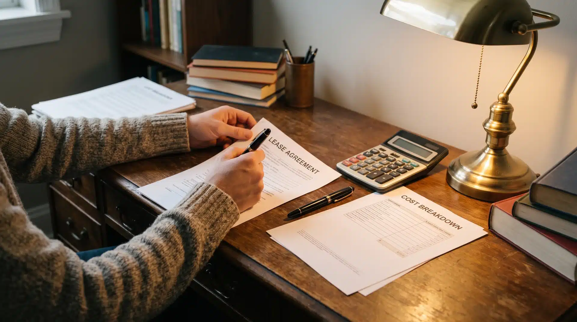 Person reviewing a property trust cost breakdown document at a wooden desk with a calculator.