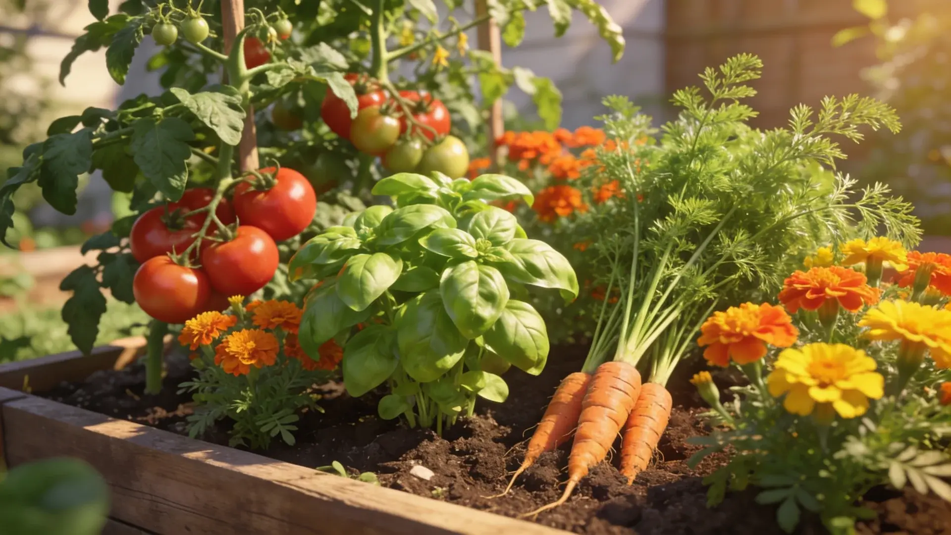 Tomatoes, basil, and marigolds growing together in a garden bed