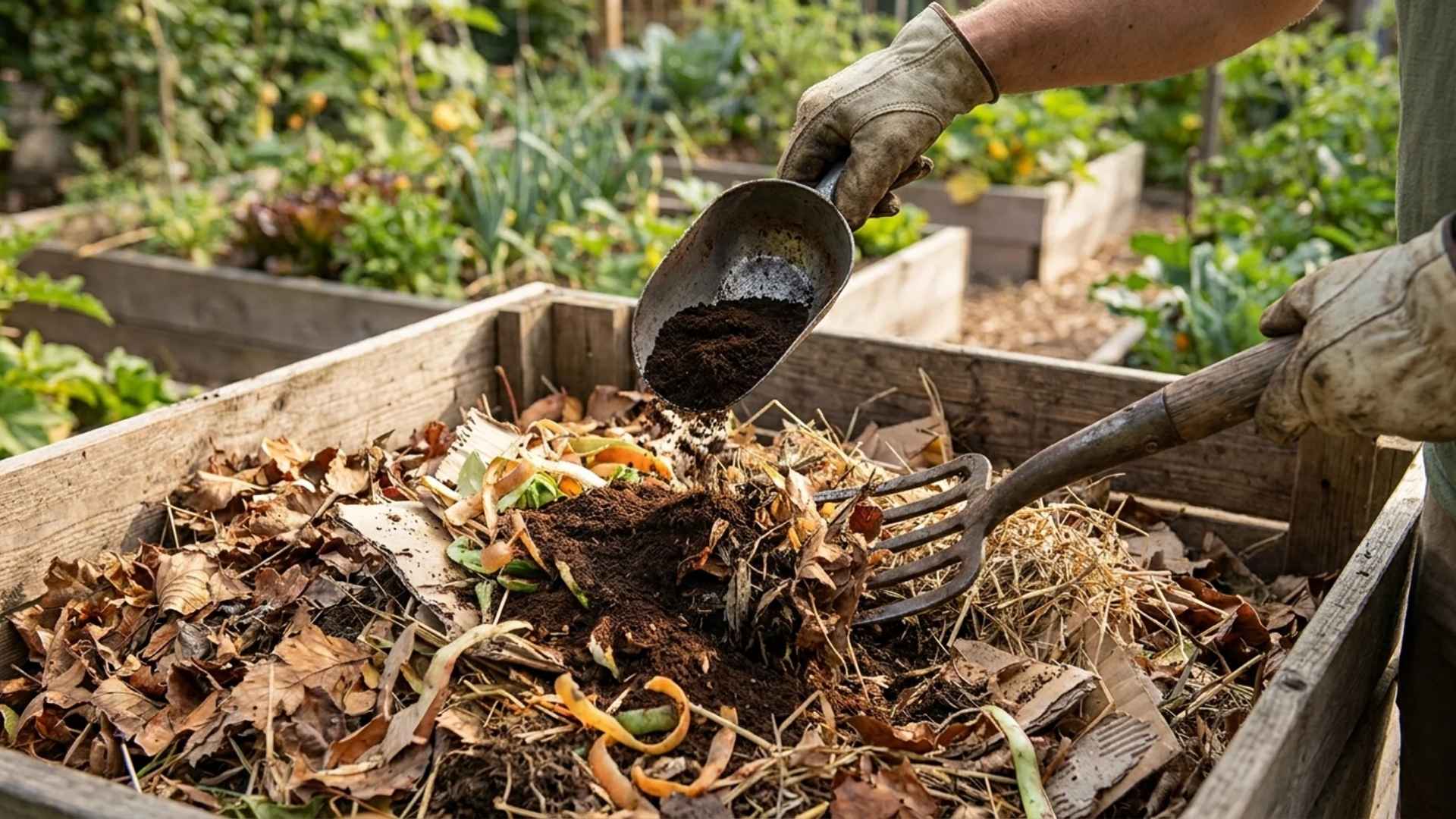 Gardener adding coffee grounds to compost with leaves, cardboard, and straw in backyard bin.