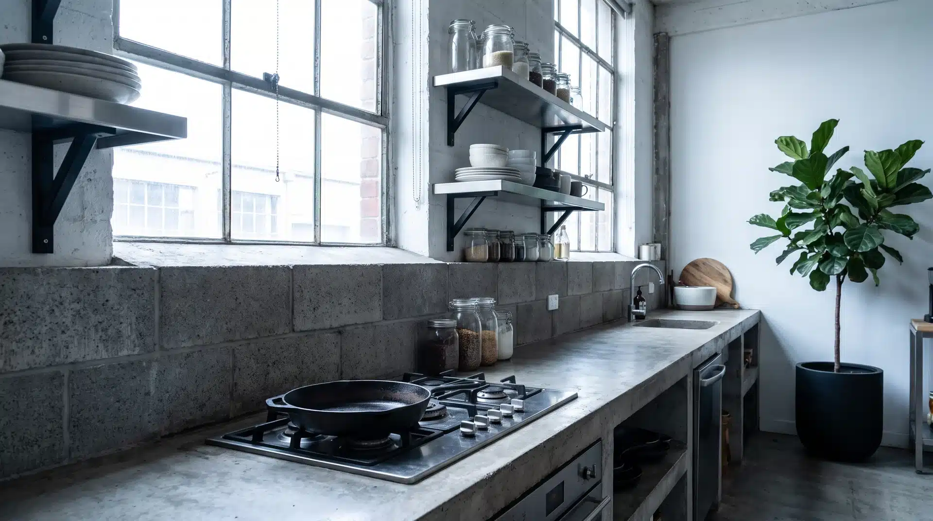 Sealed raw concrete block splashback behind stainless steel shelving and a concrete countertop in an industrial kitchen.