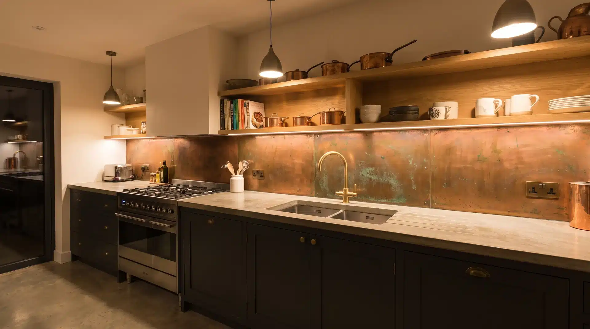Full kitchen layout with aged copper splashback running entire wall length behind sink and range cooker.