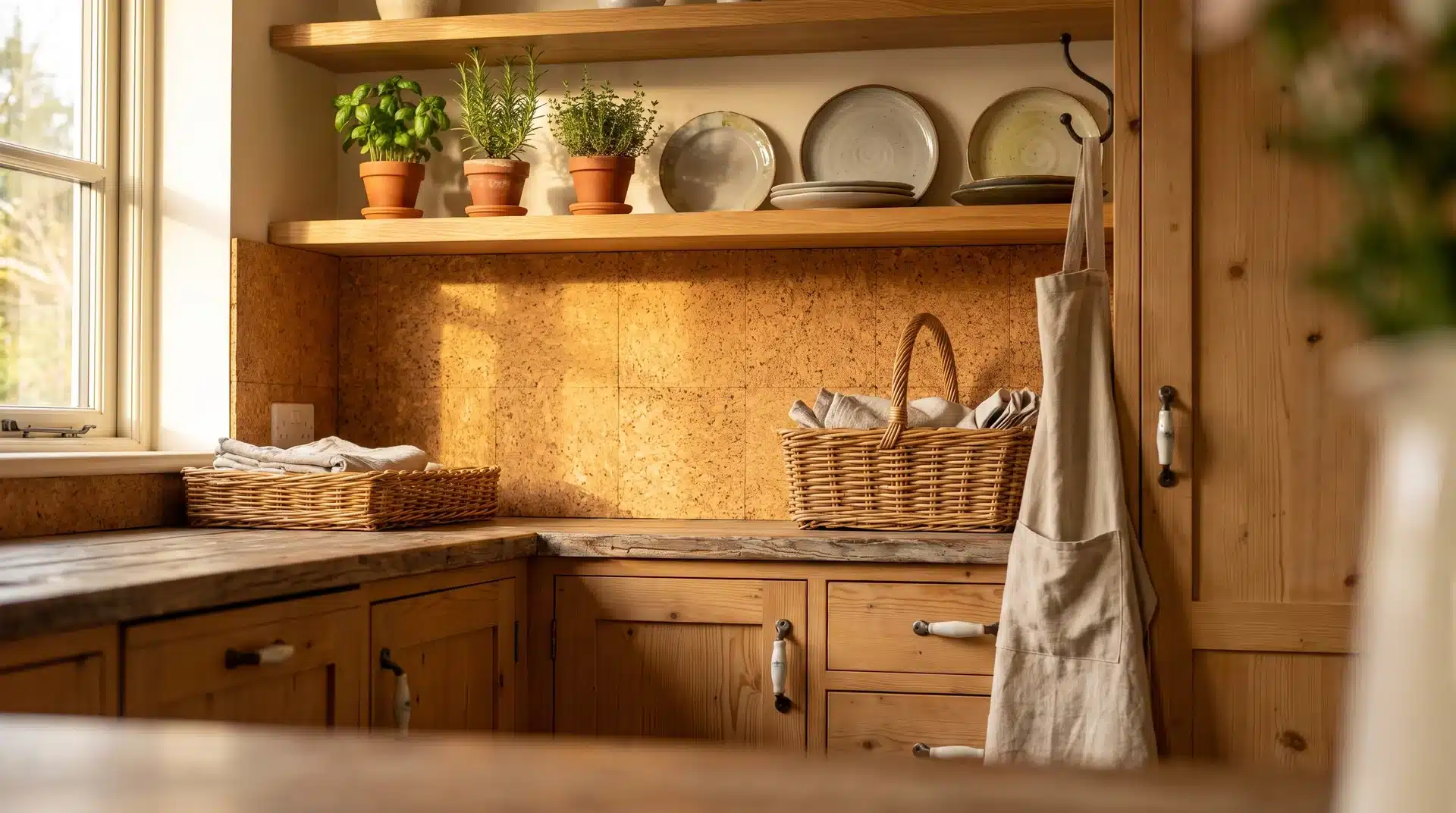 Natural honey cork tile splashback behind open pine shelving with fresh herbs and hand-thrown ceramic handles.