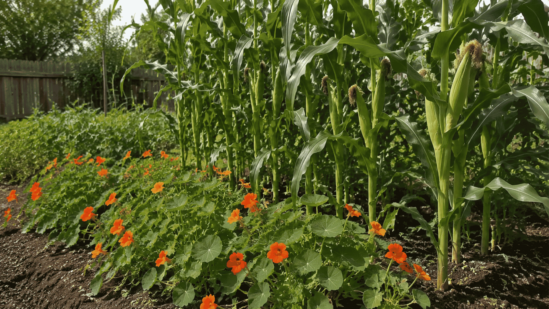 Tall corn plants growing beside blooming nasturtiums in a garden bed, showing a poor companion planting combination outdoors.