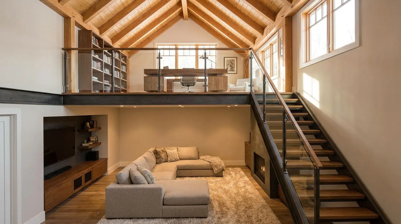 Modern split-level living room with a loft office, staircase, vaulted wood ceiling, large windows, and cozy lounge area.