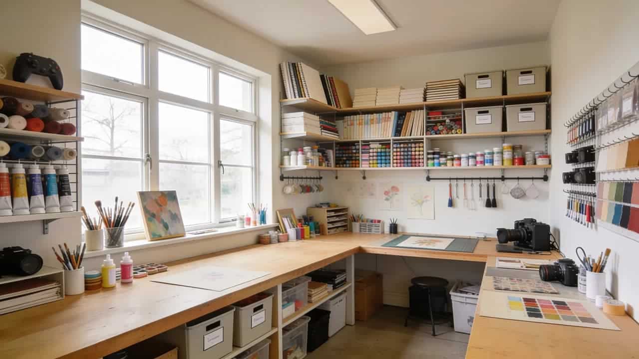 Creative studio addition with workspace and natural lighting.