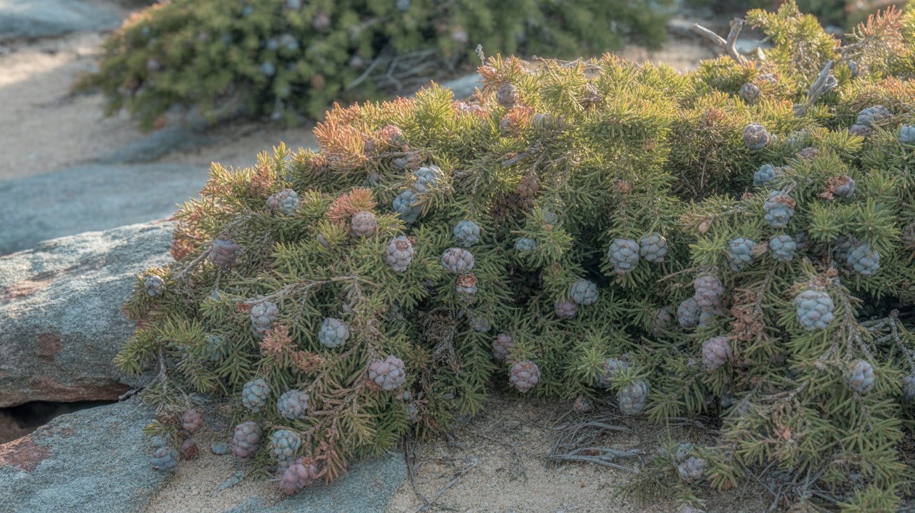 A close-up of creeping juniper (Juniperus horizontalis) with cone-like berries, nestled among rocks.