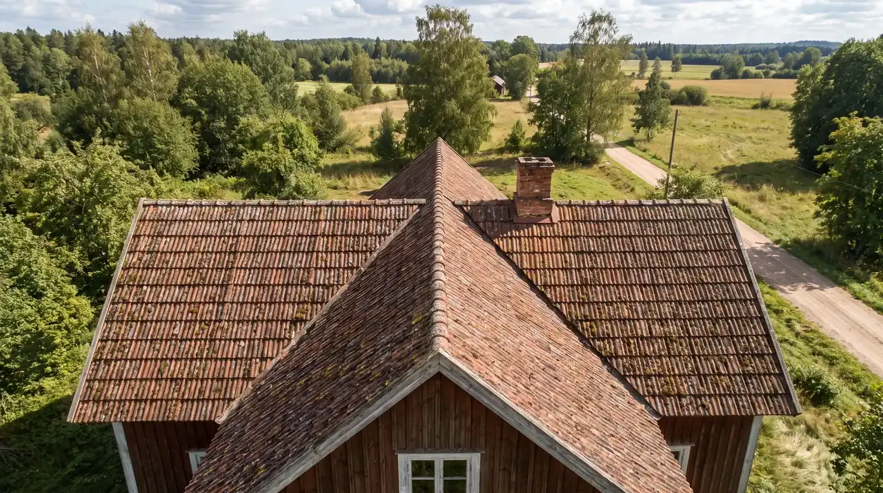 Aerial view of a weathered clay tile cross gable roof on a rustic wooden country house.