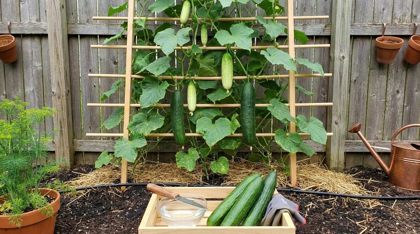 Cucumber vine climbing a wooden trellis fixed to a garden fence with five cucumbers at different stages of growth hanging vertically from the vine.