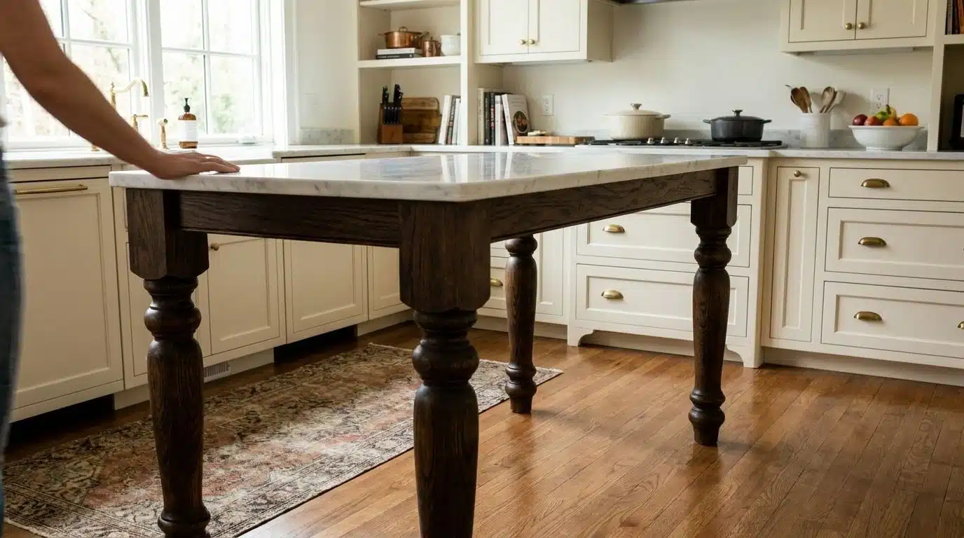 Kitchen island with carved wooden legs
