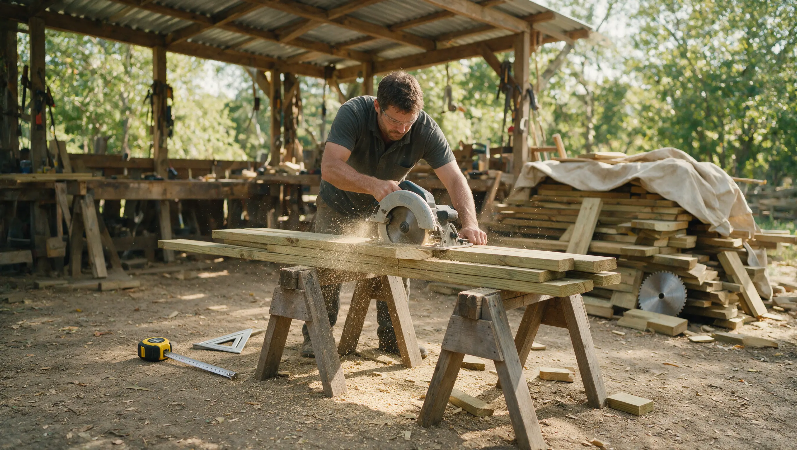 Person cutting timber boards with a circular saw on sawhorses in an outdoor workshop while preparing a wooden garden gate.