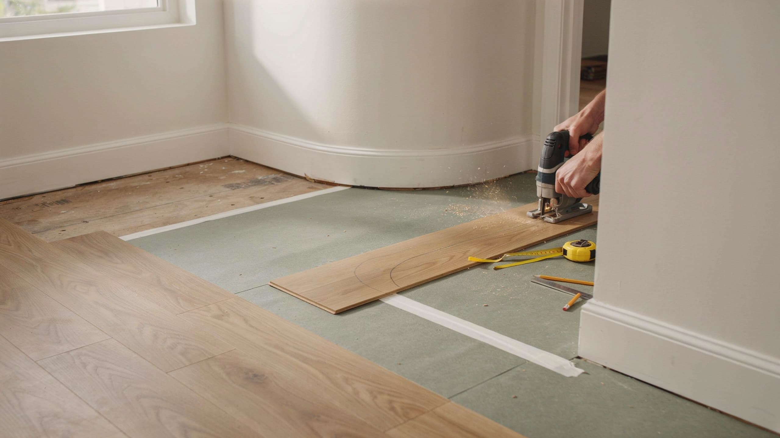 Cutting laminate flooring around corners and obstacles using a jigsaw tool