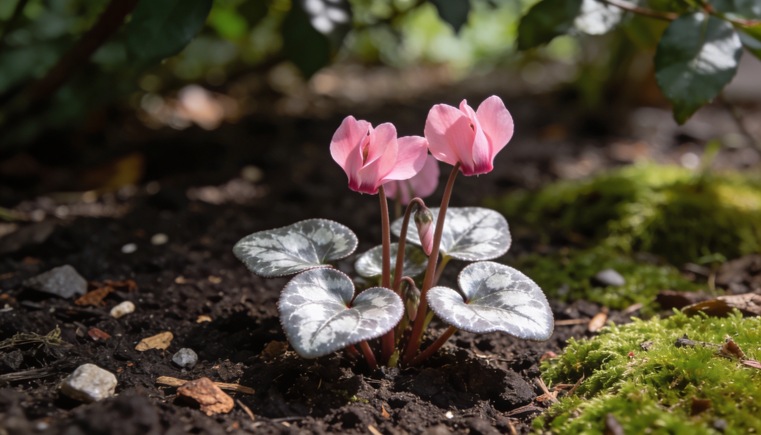Cyclamen flowers in soft pink and white hues with marbled, silver-patterned leaves, emerging in a shaded garden, adding color in the autumn months.