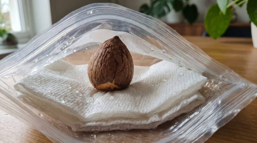 An avocado seed placed in a ziplock bag with damp paper towels for sprouting.