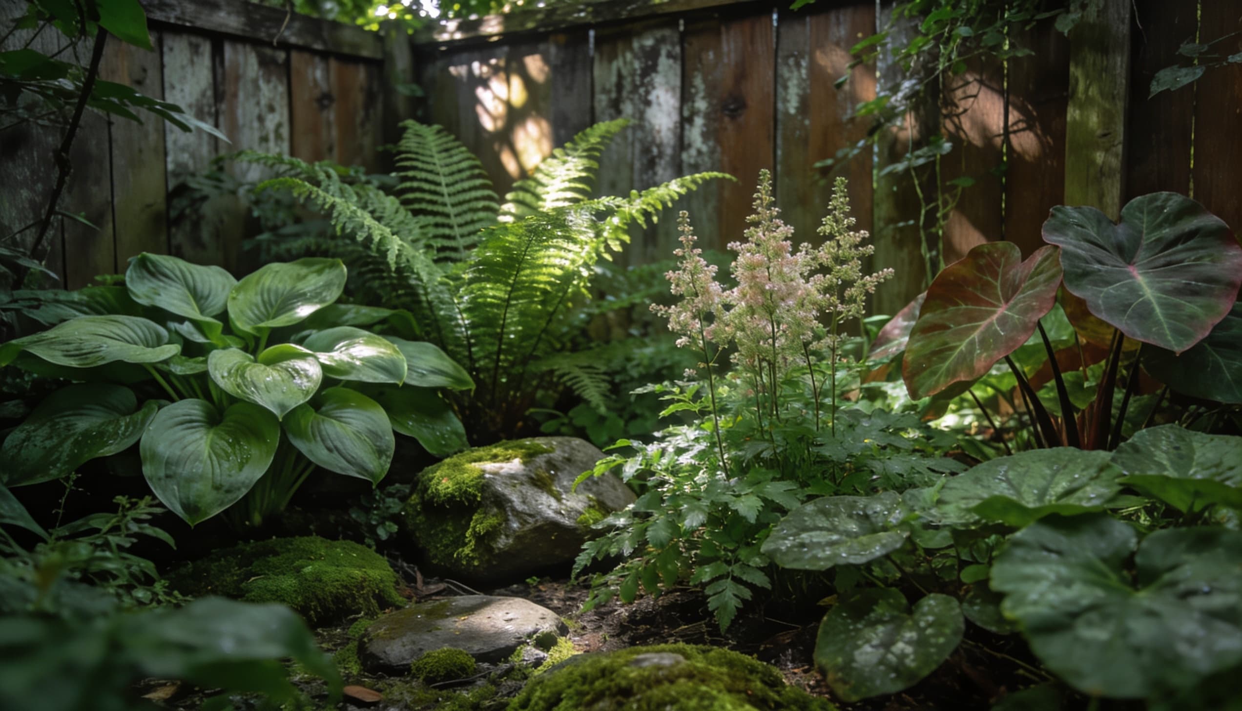 Dappled shade garden in a backyard: A serene backyard garden with sunlight filtering through trees, casting dappled shadows on the lush greenery and stone patio, creating a peaceful atmosphere.