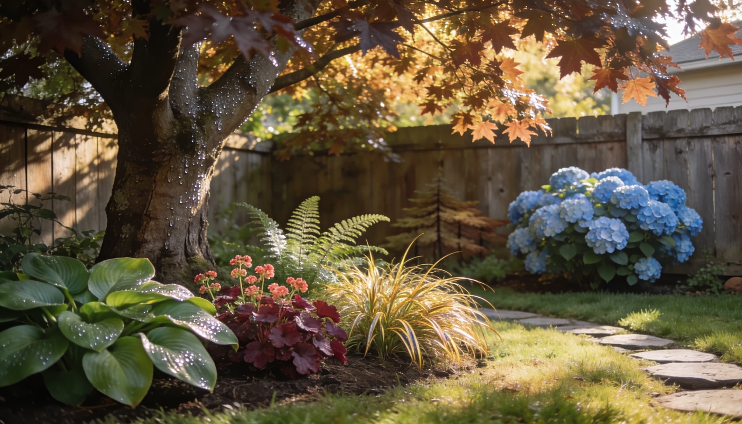 Wide sunny backyard garden with dappled light: A bright, vibrant backyard garden with sunlight filtering through tree branches, illuminating the greenery, stone pathway, and shaded fences, creating a warm, inviting space.