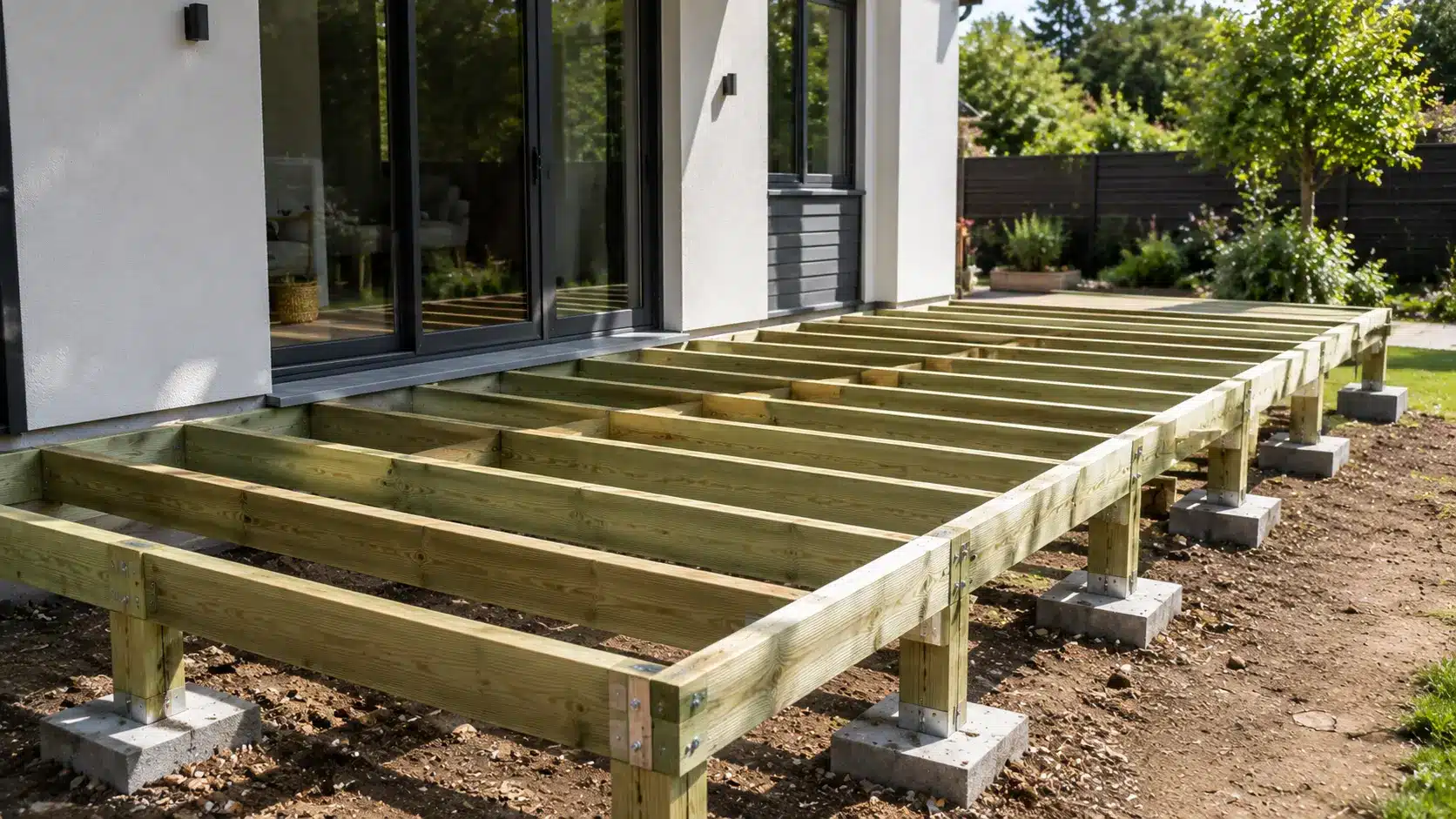 C16 timber deck frame under construction beside a modern home, supported by concrete footings with evenly spaced joists.