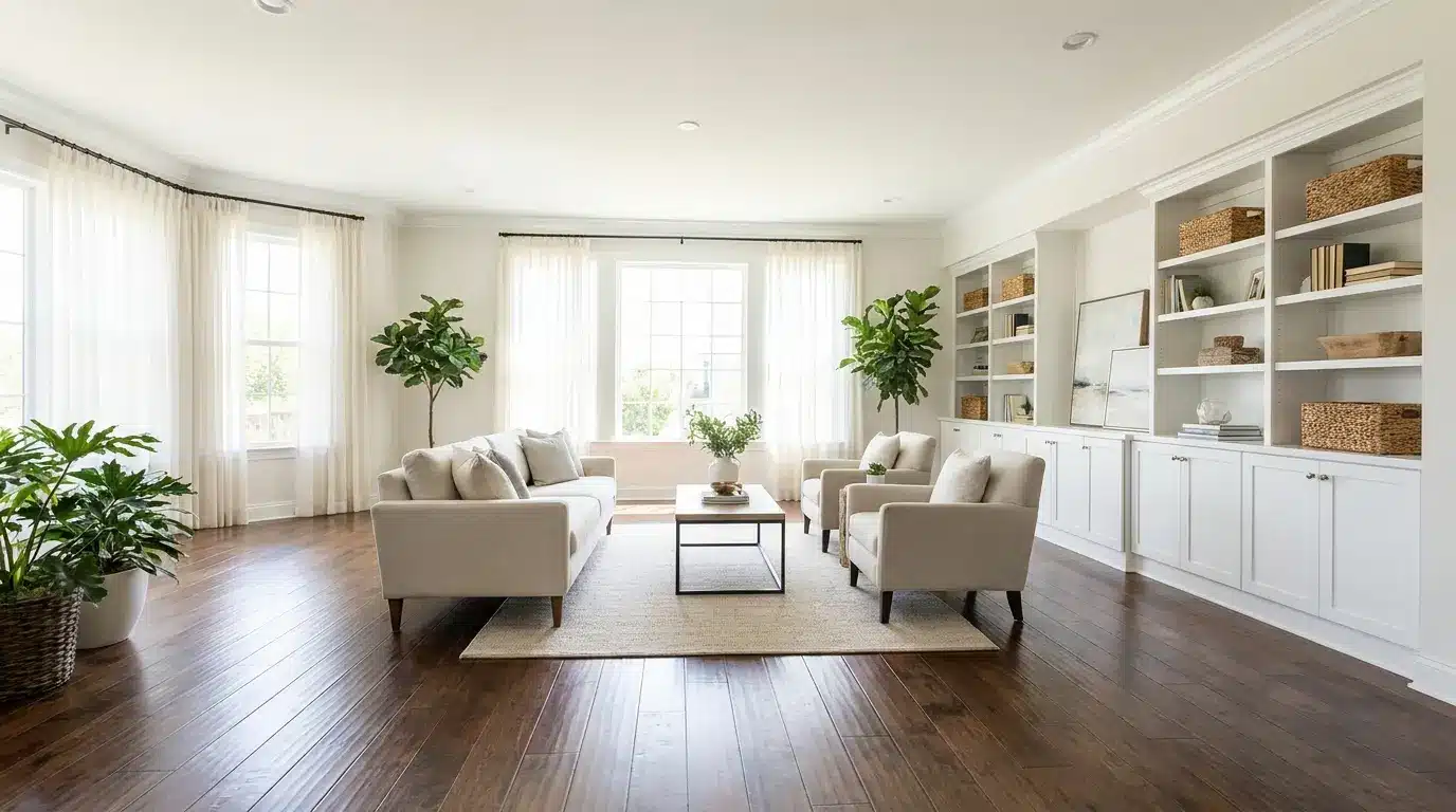Bright staged living room with neutral furniture, built-in shelves, large windows, minimal decor, and a clean, uncluttered layout.