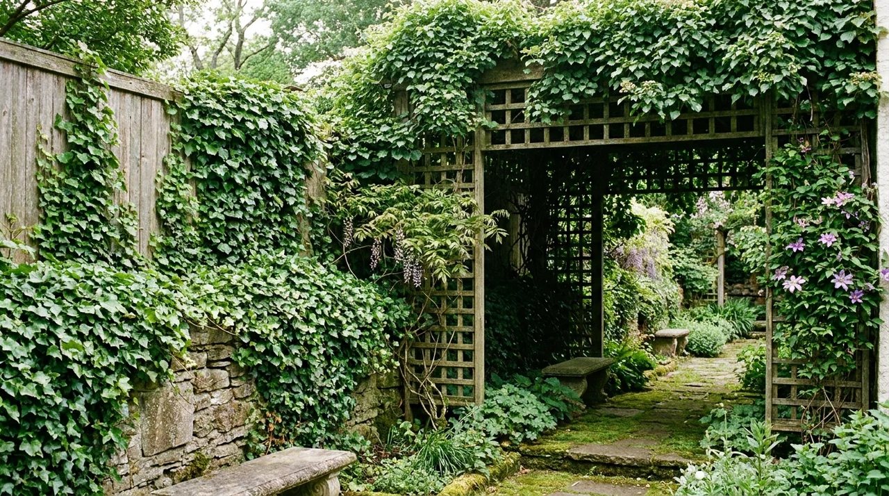 Ivy and climbing hydrangea vines covering trellises, walls, and fences in a lush garden setting.