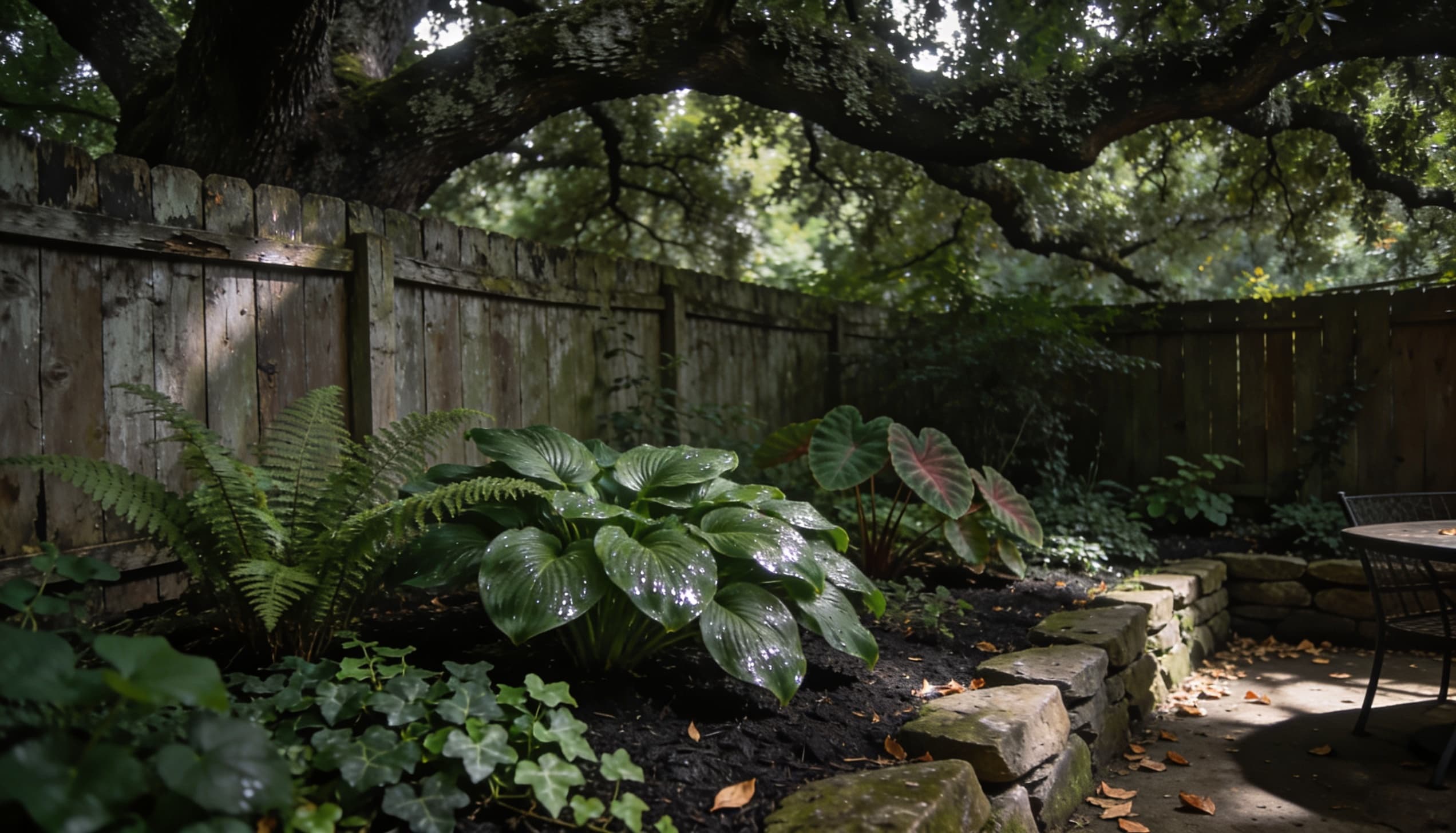 Deep shade garden beneath a dense canopy of trees, featuring plants like ferns, hostas, and ferns, with minimal sunlight filtering through the thick foliage.