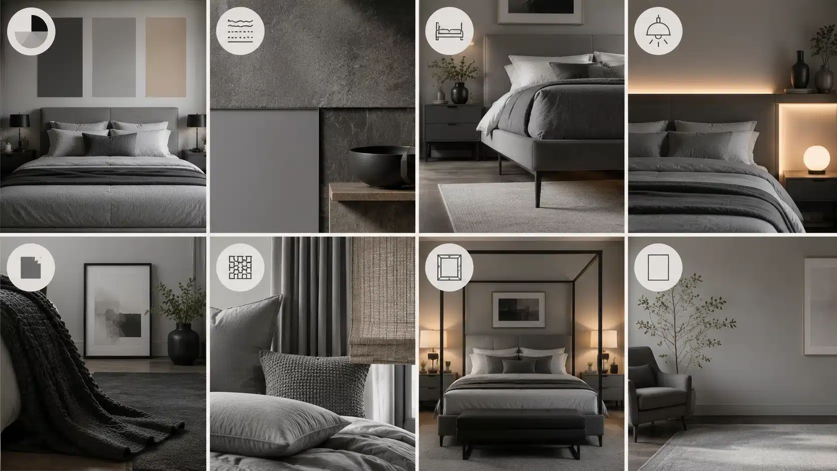 Collage showing designer grey bedroom styling with layered textures, hidden lighting, floating furniture, and balanced neutral decor.