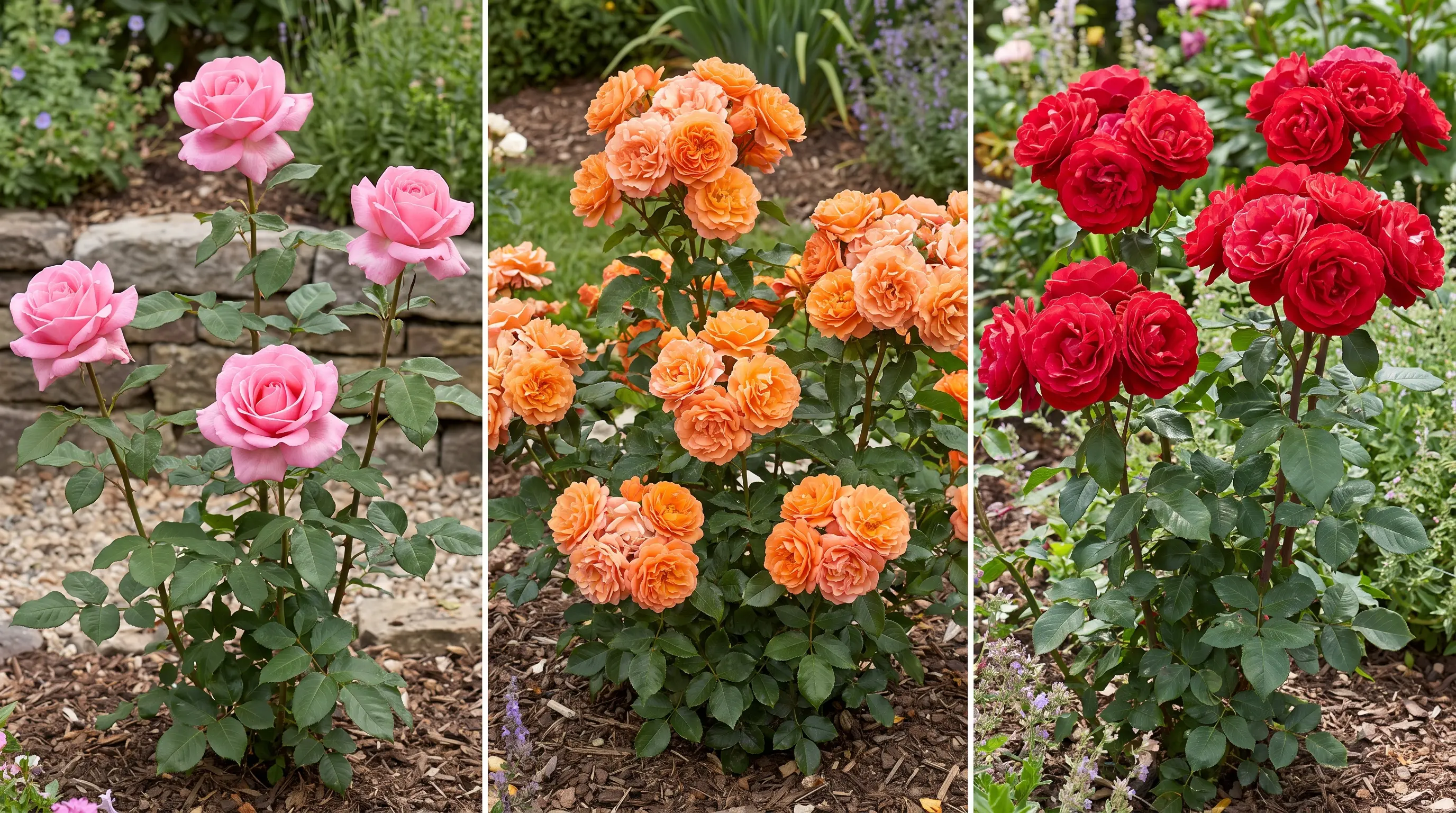 Side-by-side comparison of Hybrid Tea, Floribunda, and Grandiflora roses blooming in a garden.