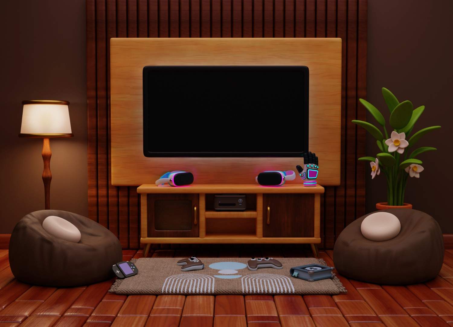Modern media wall setup with a flat-screen TV, gaming controllers, and VR accessories on a media unit.