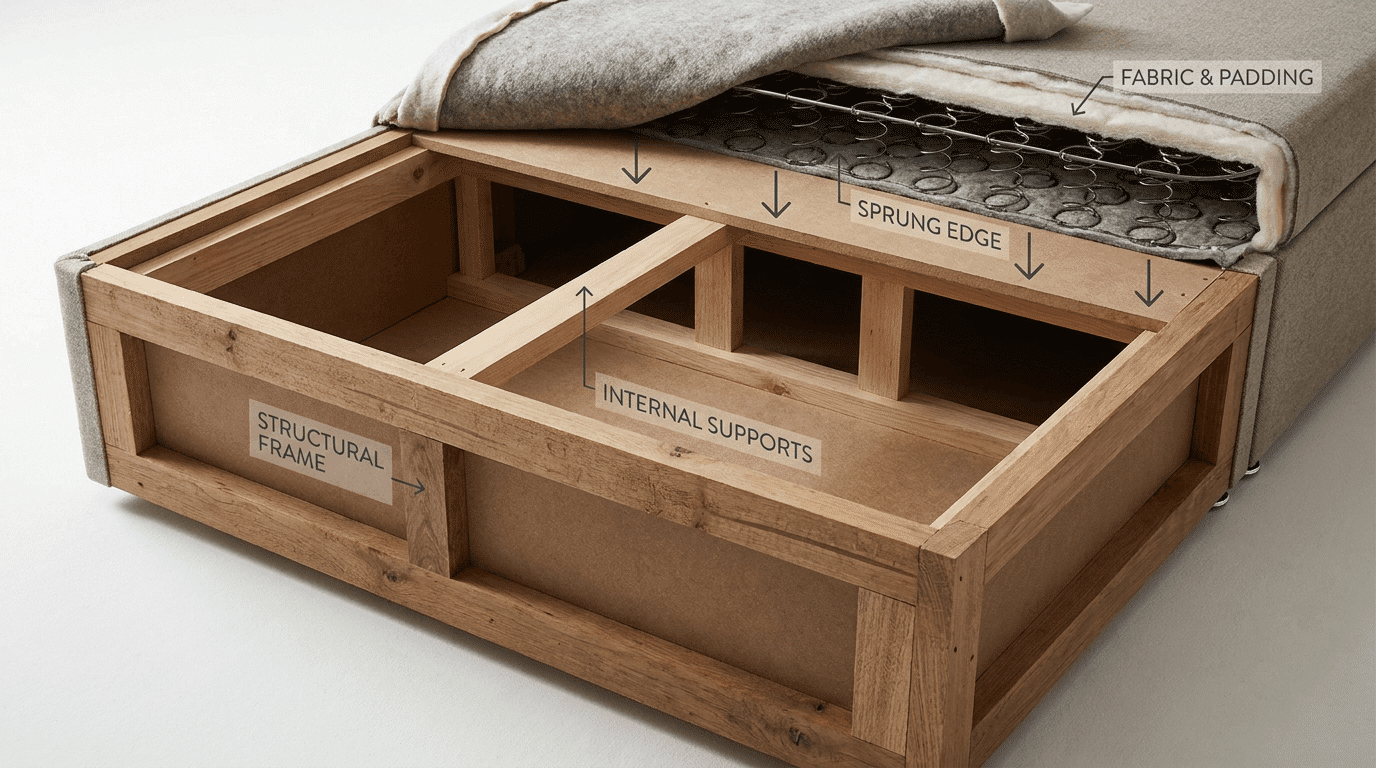 Cross-section showing divan bed base with timber frame and support structure.