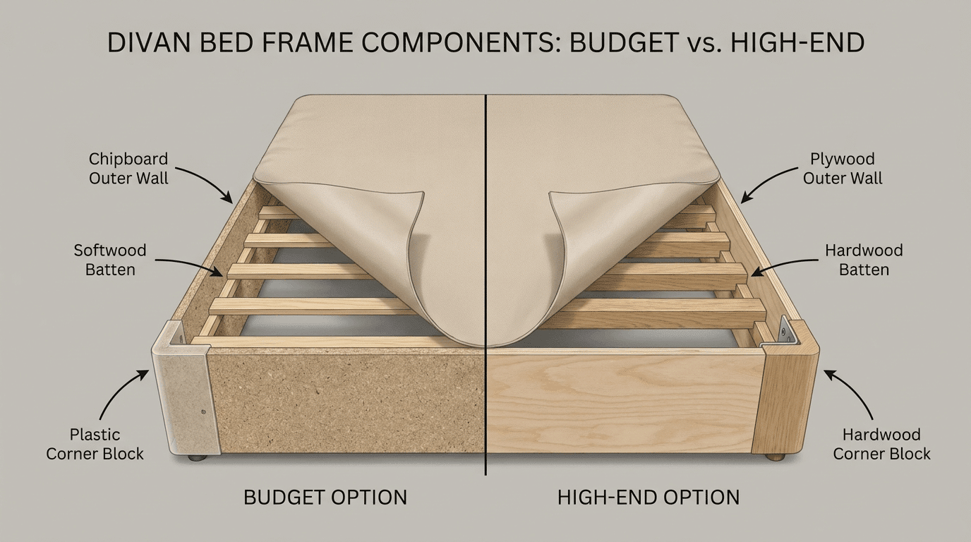 Divan bed frame materials with chipboard, timber battens, and corner blocks labeled.