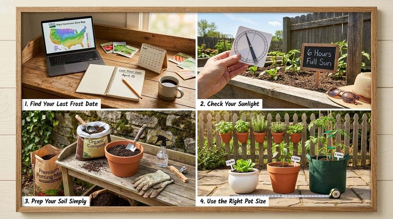 Four panel beginner garden prep collage showing last frost date lookup, sunlight checking, soil preparation, and correct container sizes for vegetables.