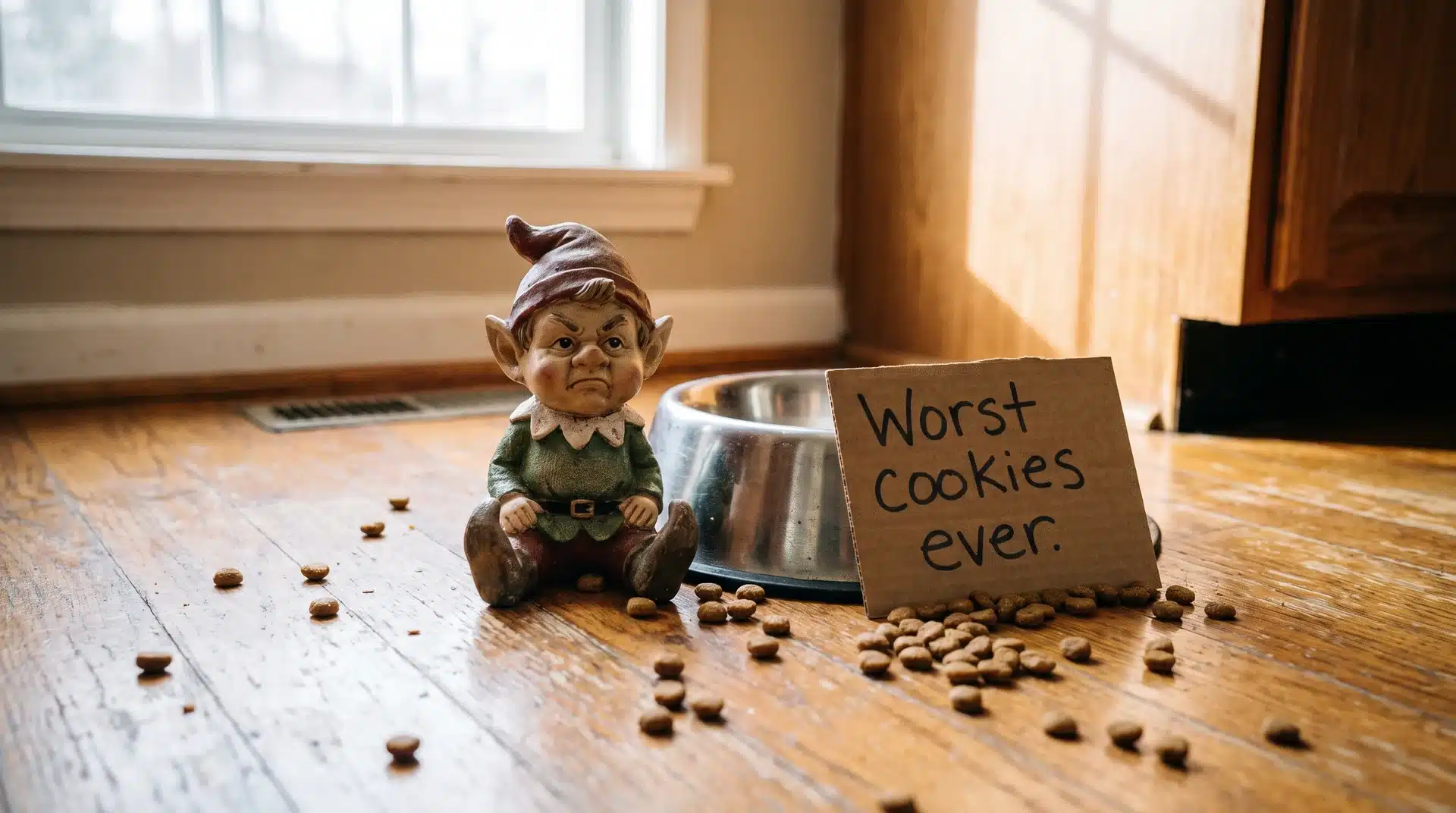 Elf on the shelf seated next to a dog bowl with kibble scattered and a funny sign.