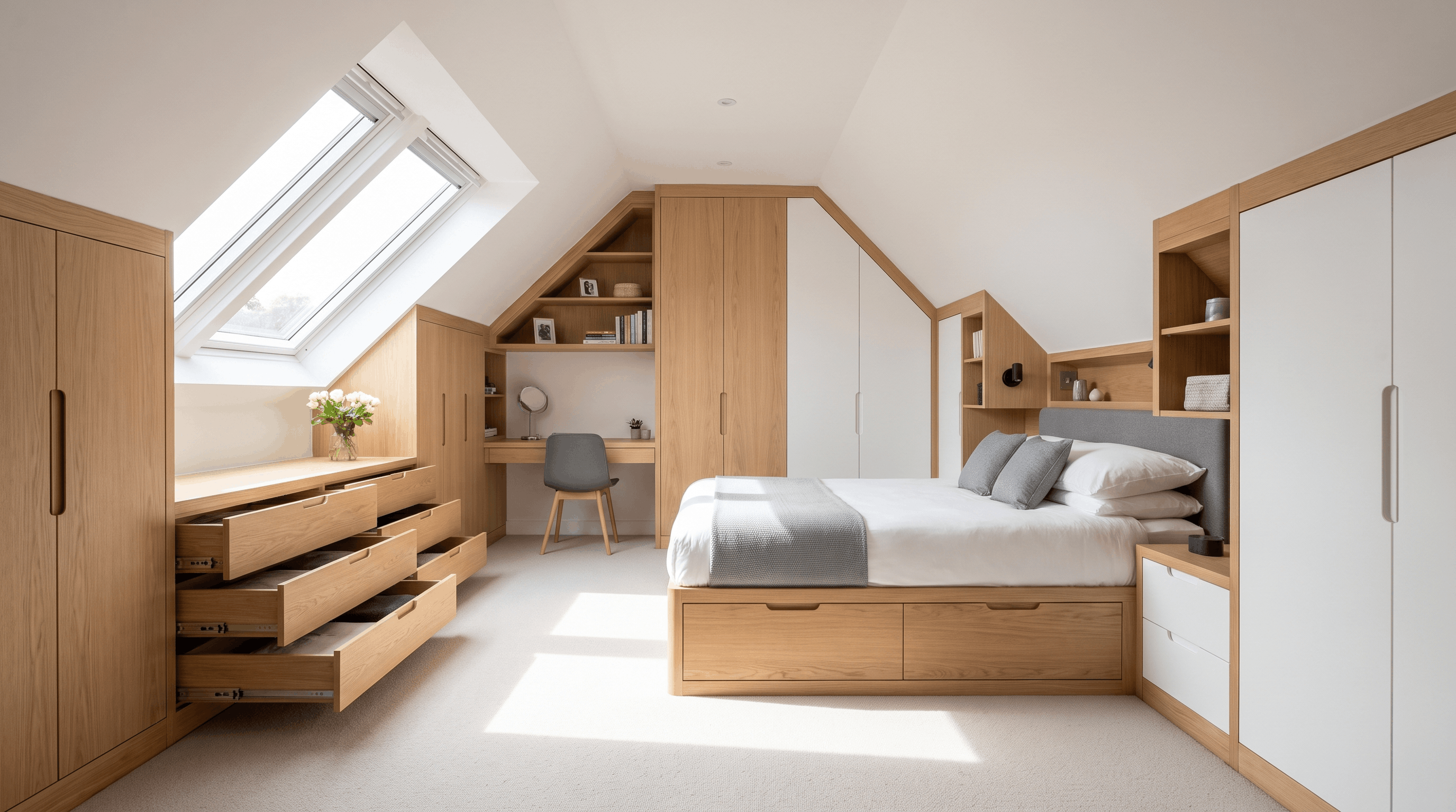 Built-in storage solutions under sloped ceilings in a dormer loft