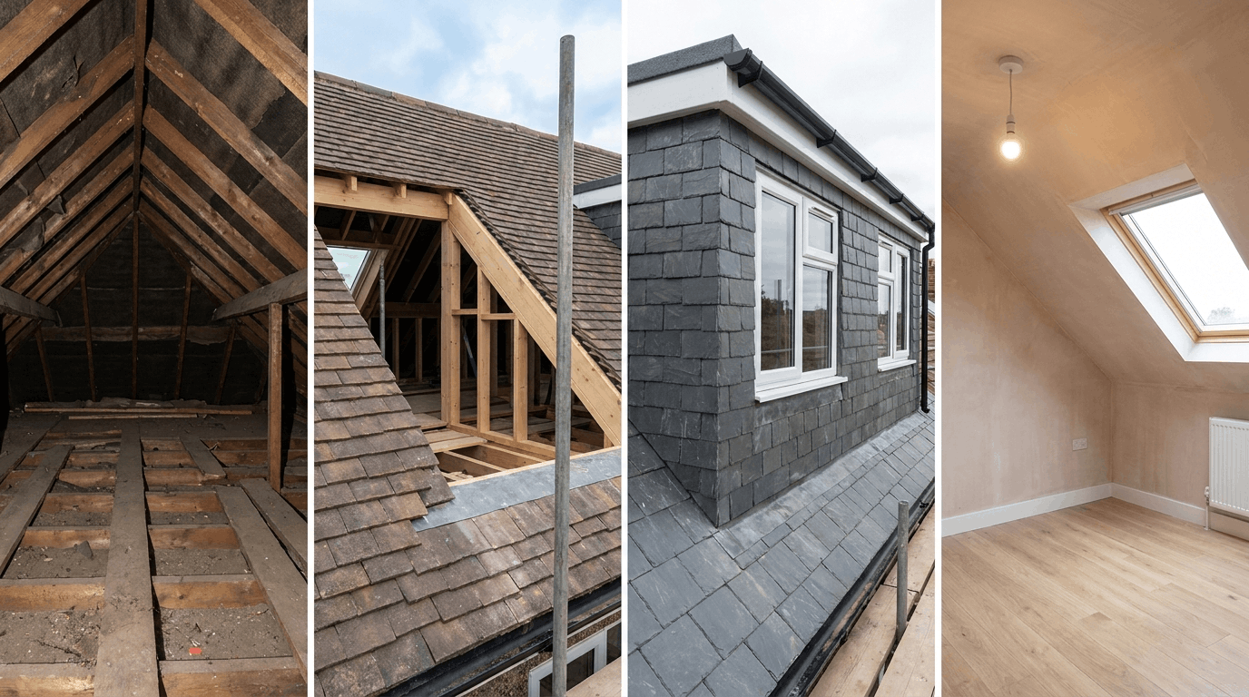 Stages of constructing a dormer loft conversion from roof opening to finished room