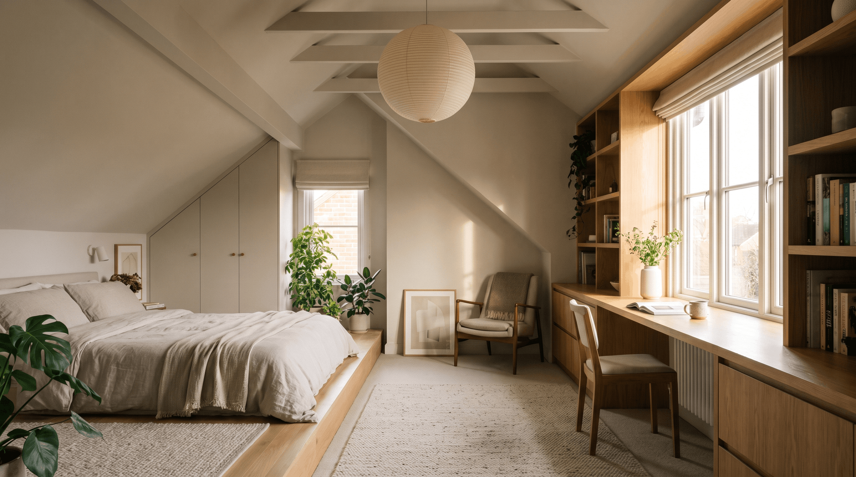 Modern dormer loft conversion interior with bedroom and office design