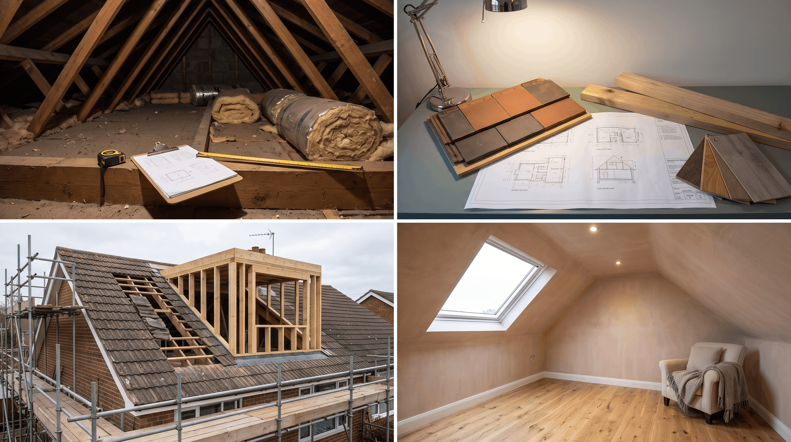 Four stages of a dormer loft conversion from survey to finished room
