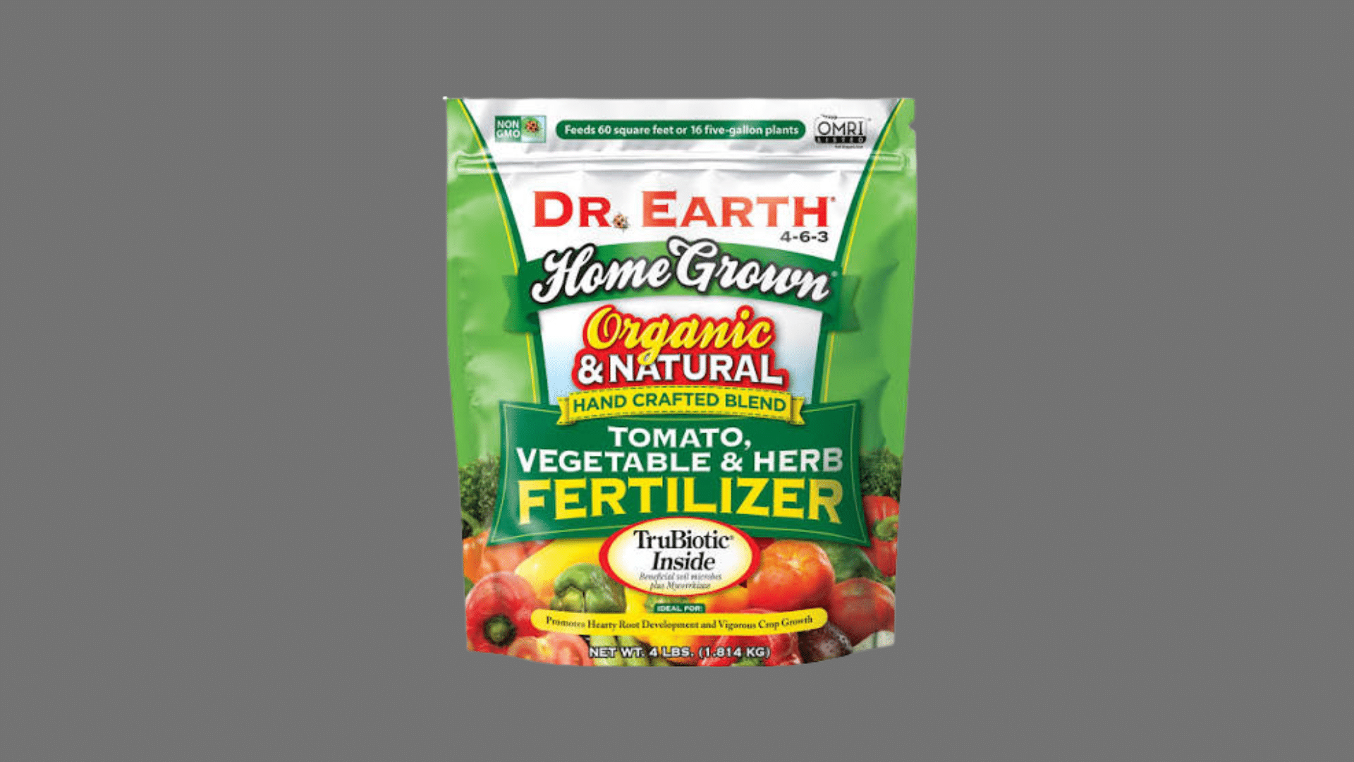 Dr. Earth Home Grown Organic Tomato, Vegetable & Herb Fertilizer 4-6-3 bag for garden plants.