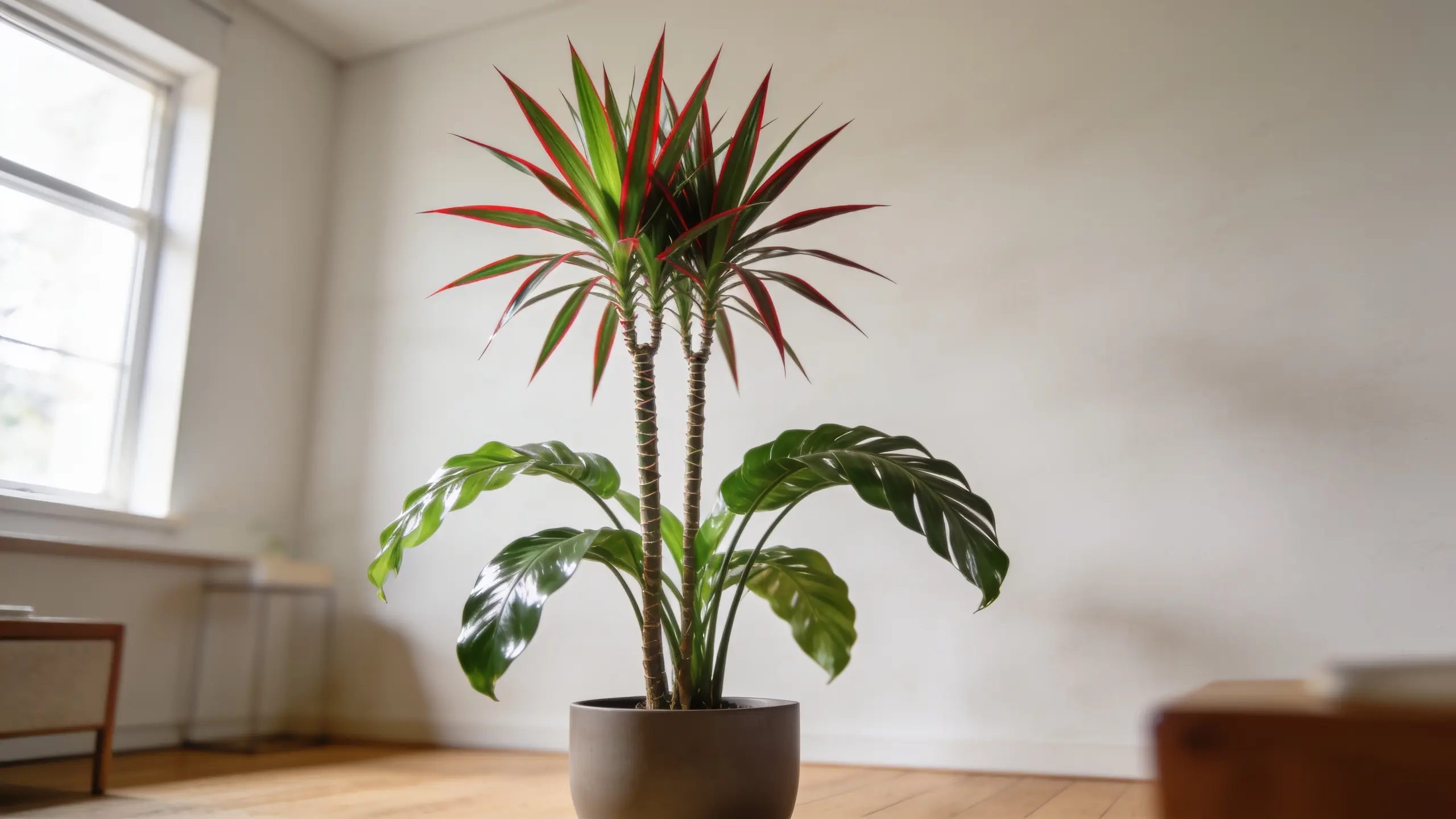 Dracaena plant indoors with tall green leaves in a pot, placed near a window with soft natural light.