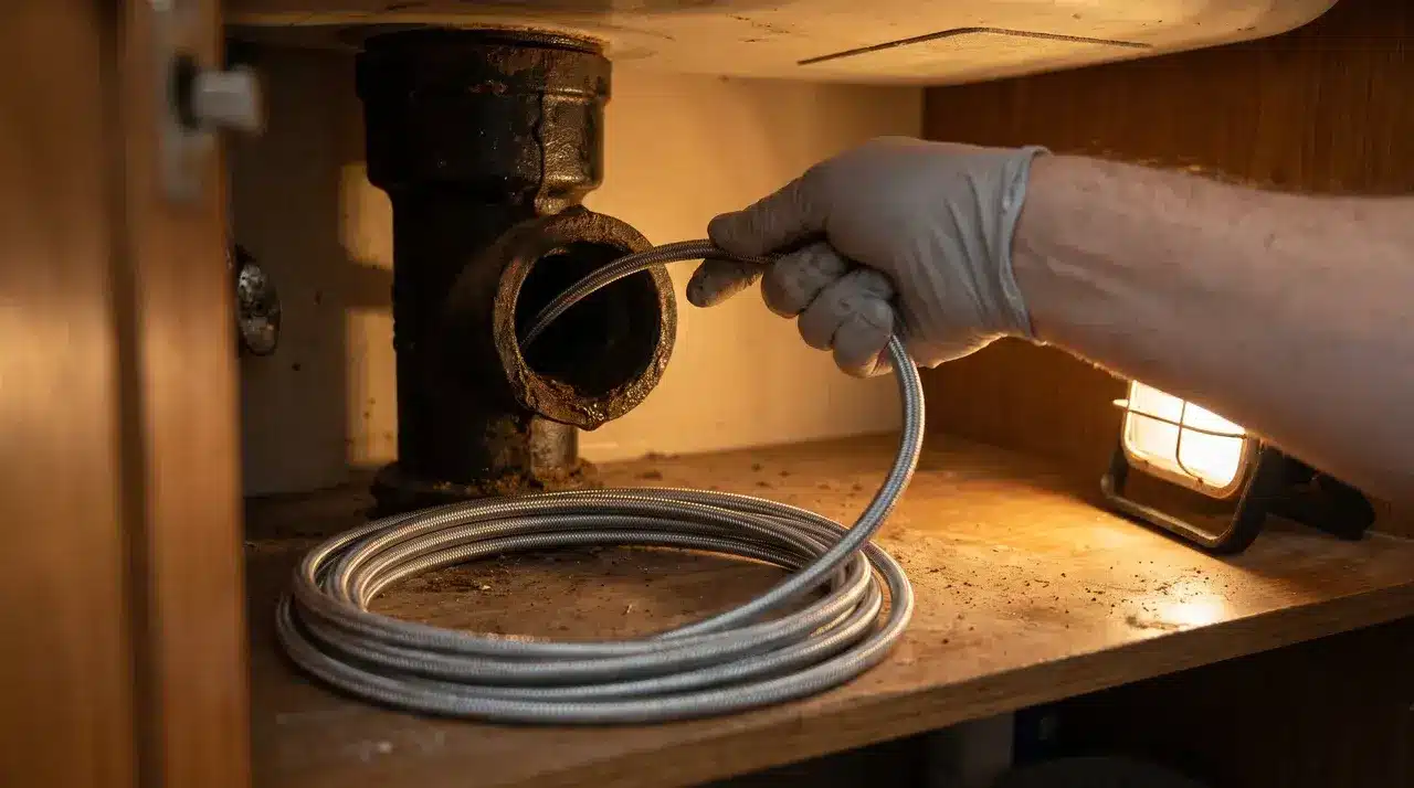 Drain snake cable being fed into a kitchen sink pipe to clear a deep blockage.