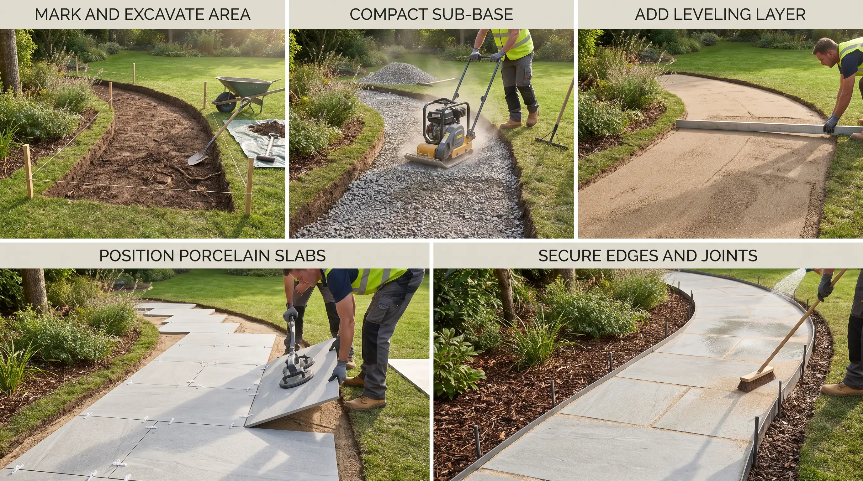 Step-by-step dry laying of porcelain slabs on a gravel and sand base.