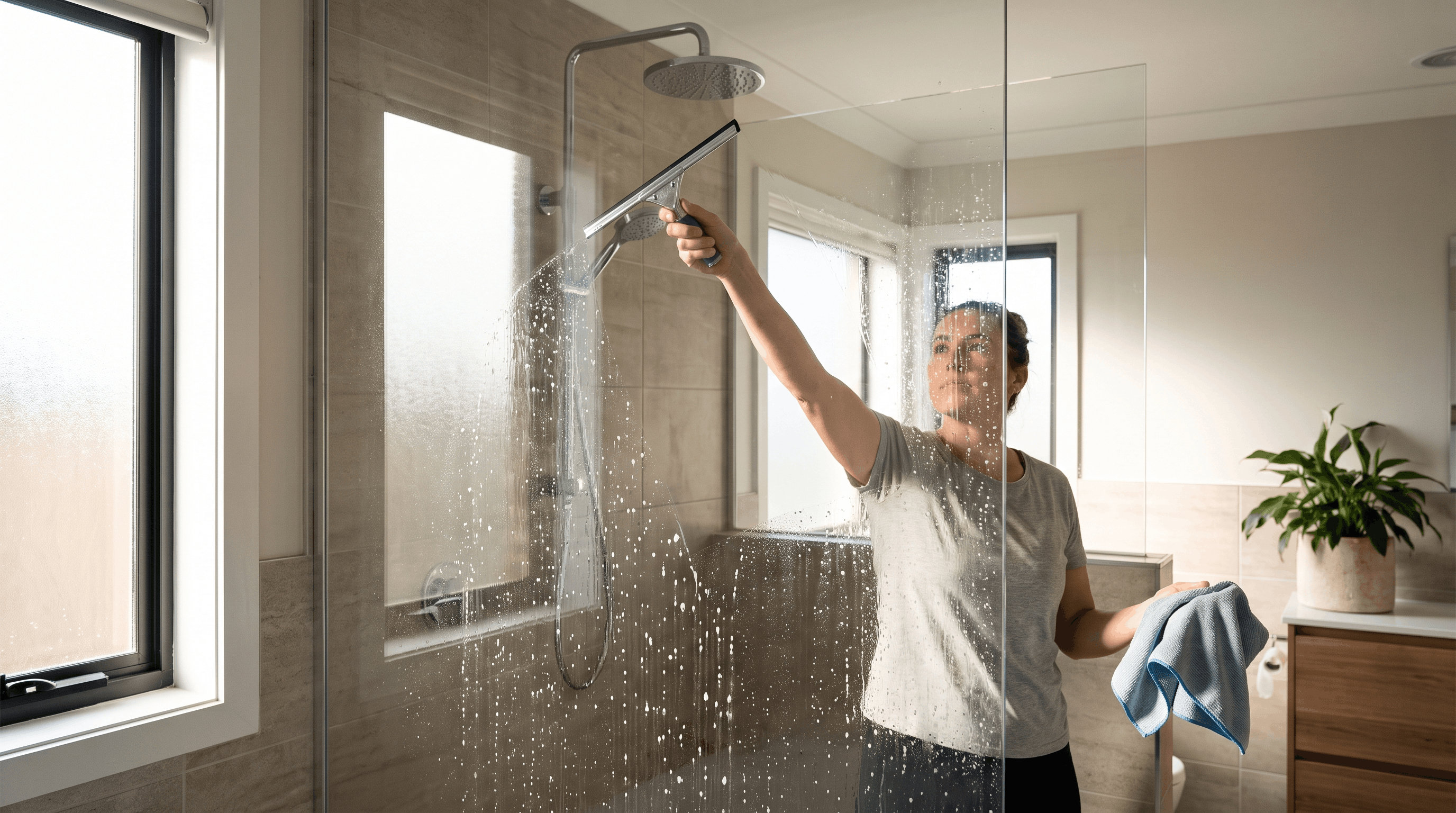 Using a squeegee and microfiber cloth to dry shower glass after cleaning.