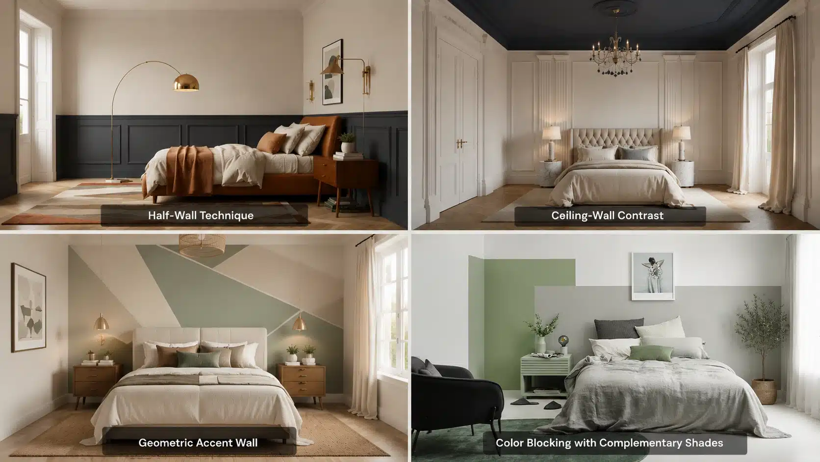 Luxury bedroom collage showing half-wall painting, ceiling contrast, geometric accent wall, and color-blocking designs.