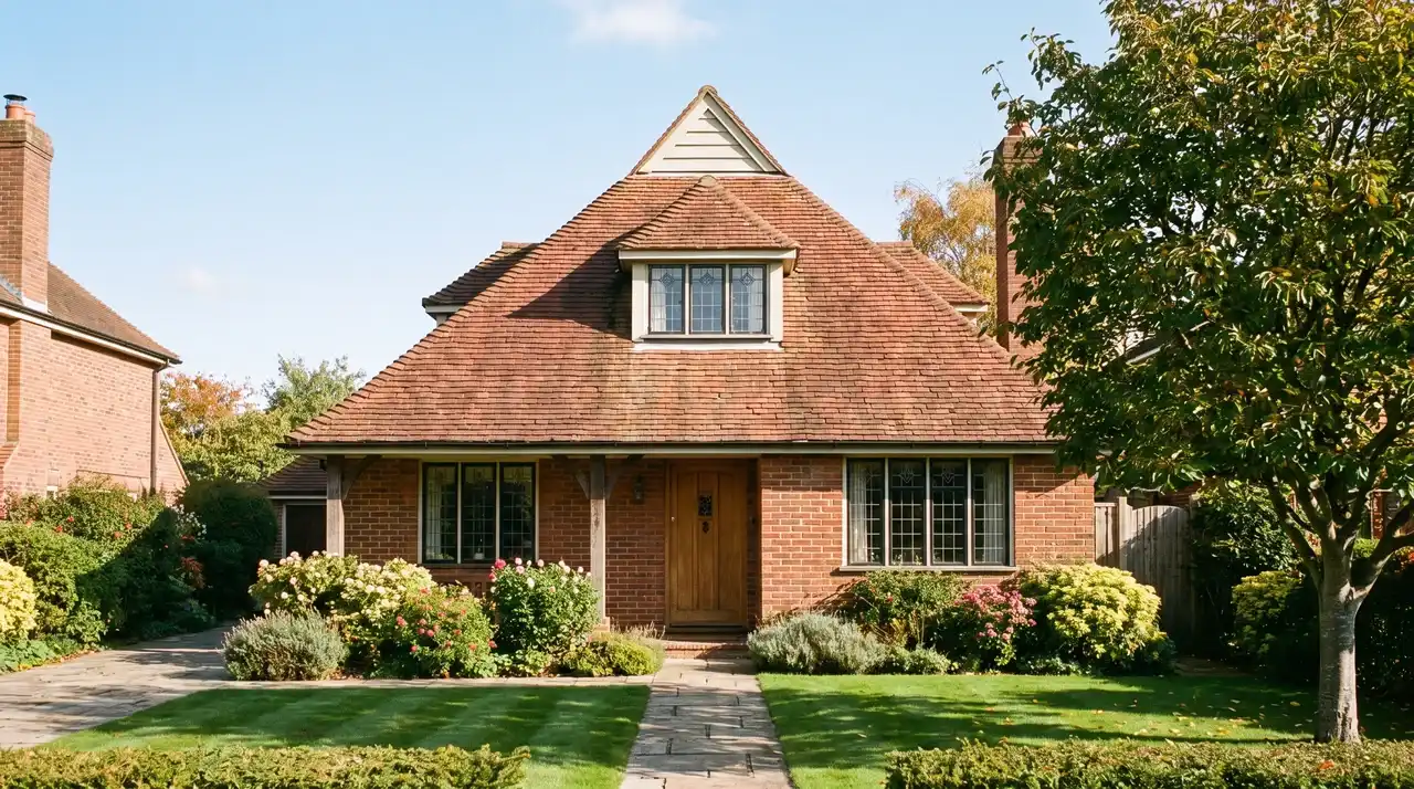 Classic brick house with a traditional red tile dutch gable roof and a central dormer.