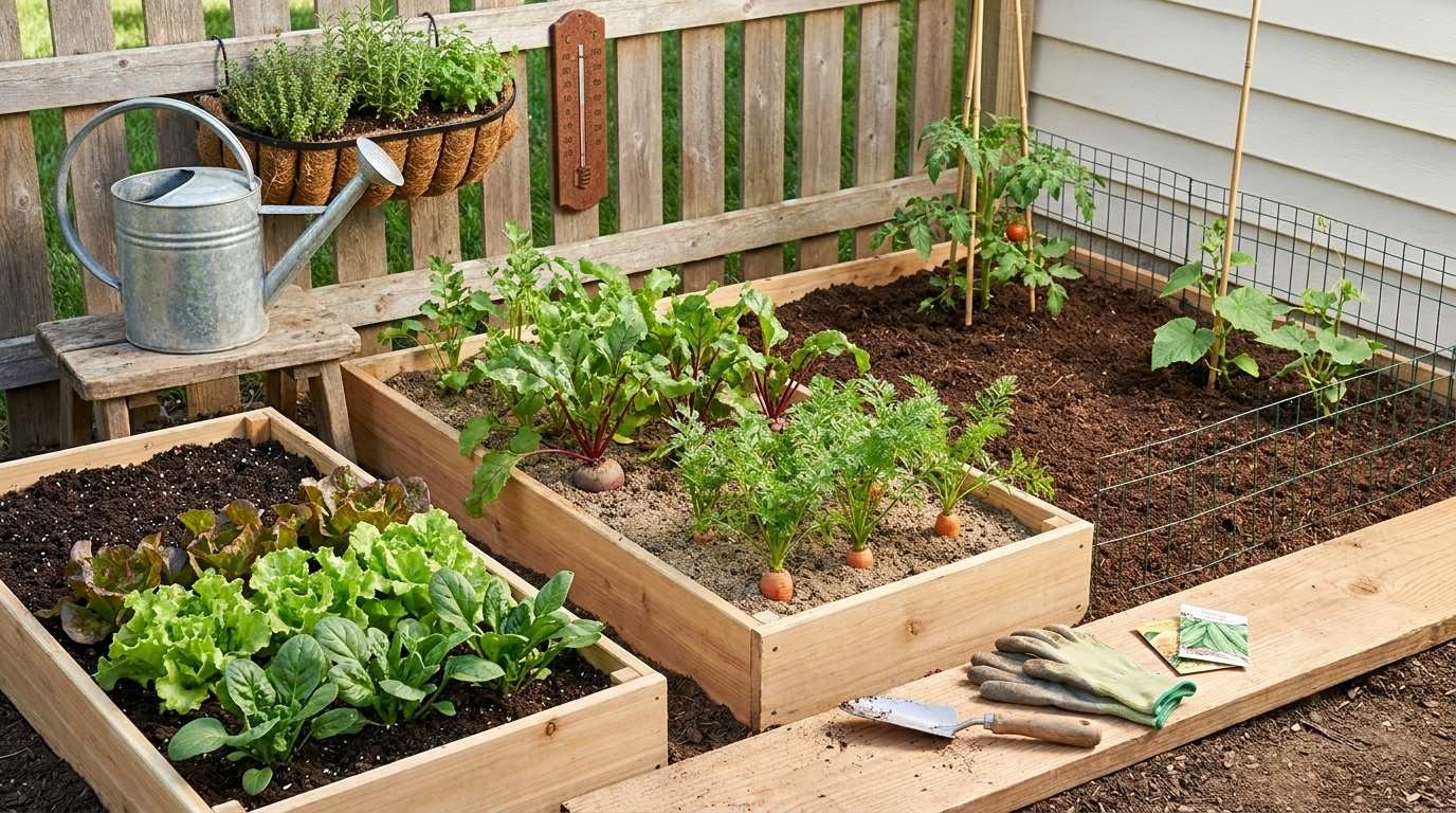 Three vegetable garden growing zones with leafy greens, root crops, and fruiting plants in separate beds.