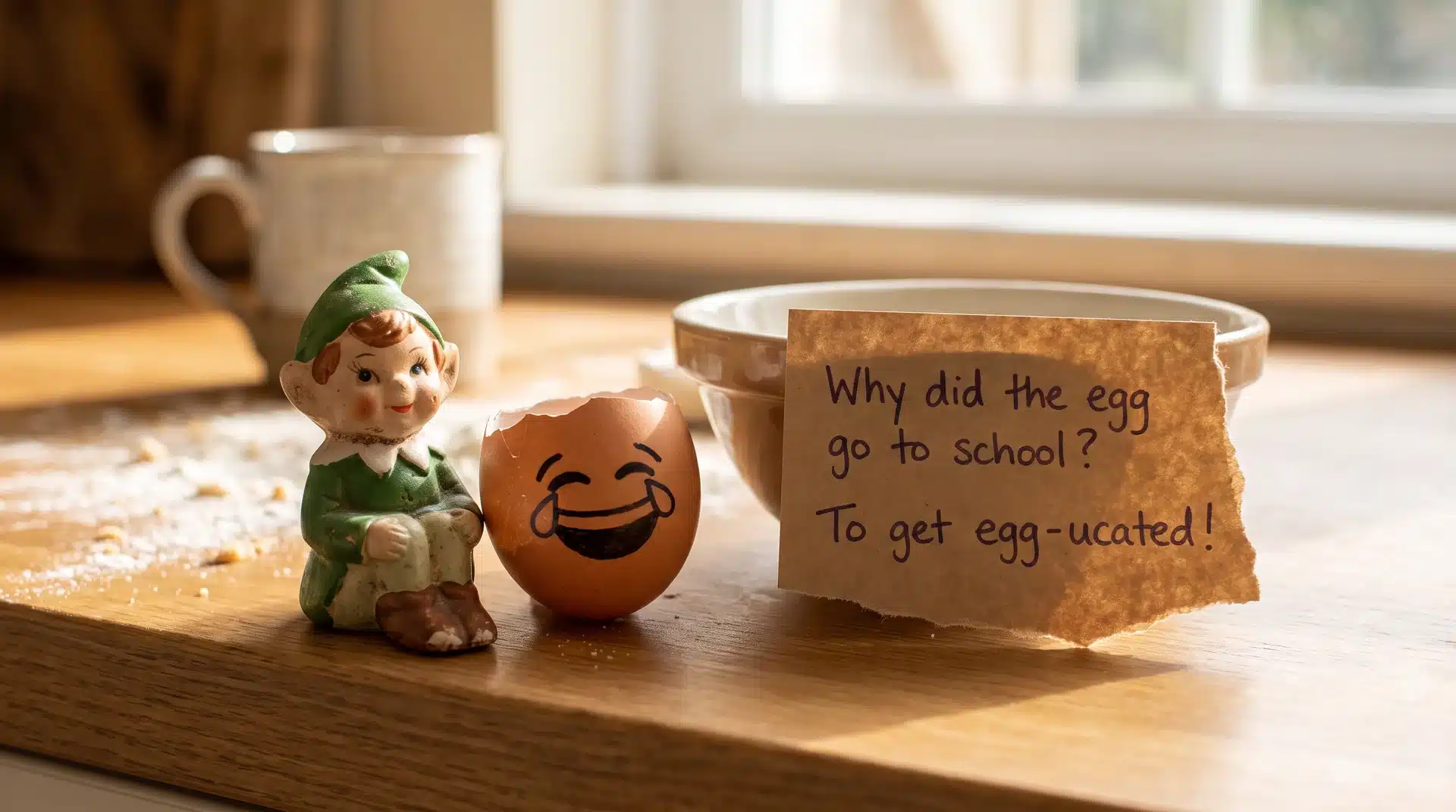 Elf on the shelf next to a cracked egg with a laughing face drawn on the shell.