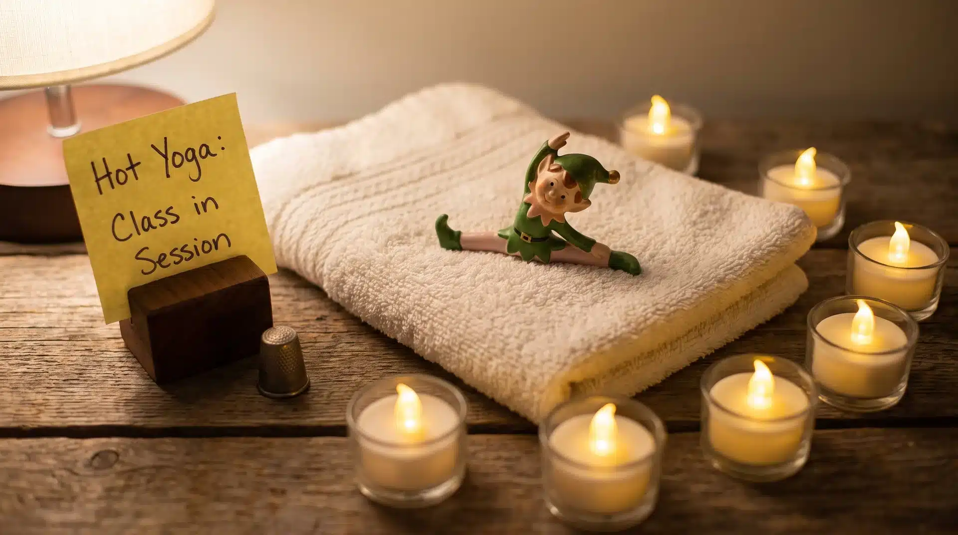 Elf on the shelf stretched on a washcloth yoga mat with LED candles and a class in session sign.