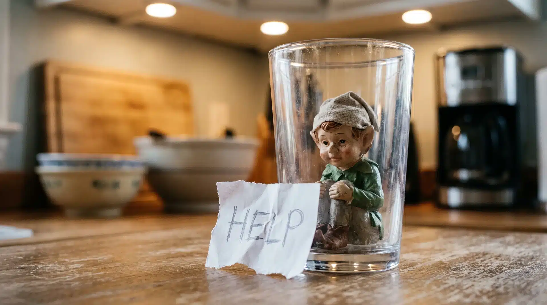 Elf on the shelf sitting inside a clear drinking glass with a handwritten HELP note outside.