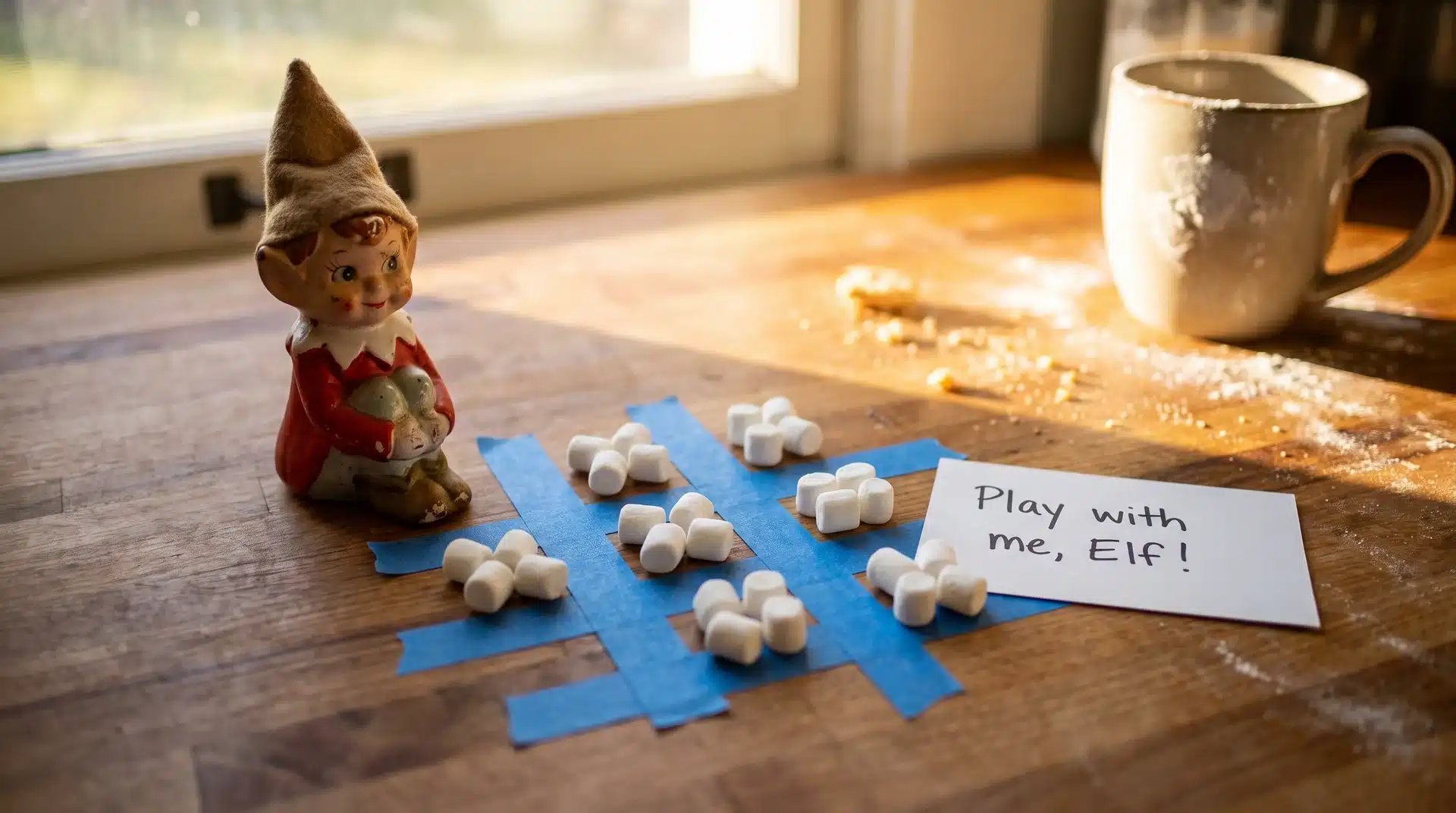 Elf on the shelf beside a painter's tape tic-tac-toe board with marshmallow playing pieces.