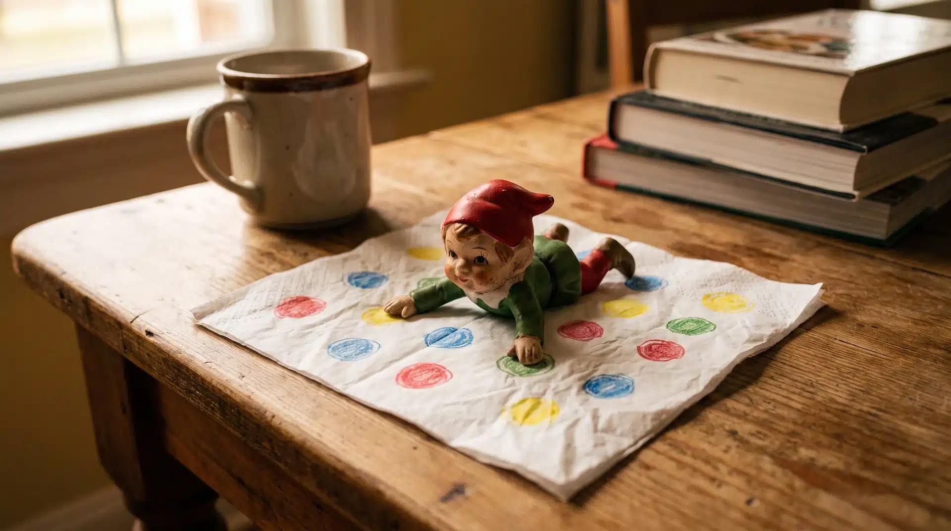 Elf on the shelf mid-game on a paper napkin Twister board with hand-drawn colored dots.
