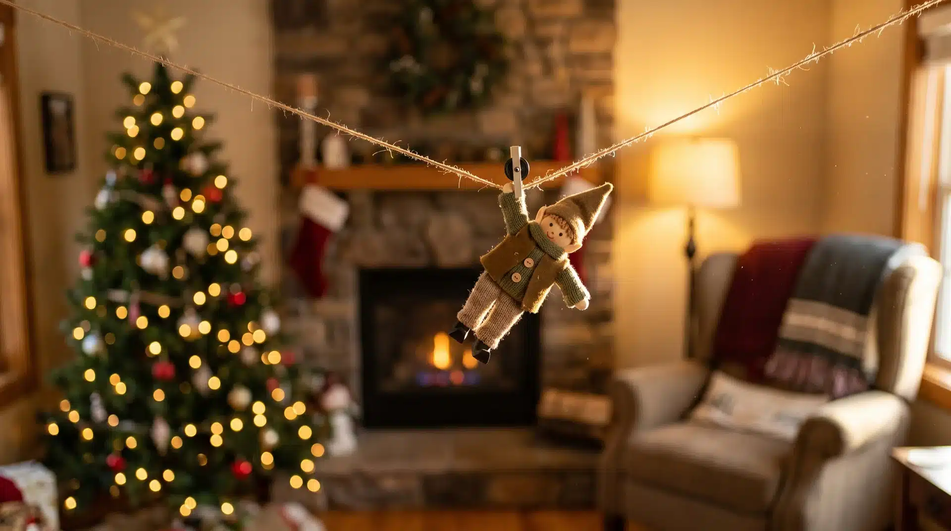 Elf on the shelf hanging from a string zip line stretched across a Christmas living room.