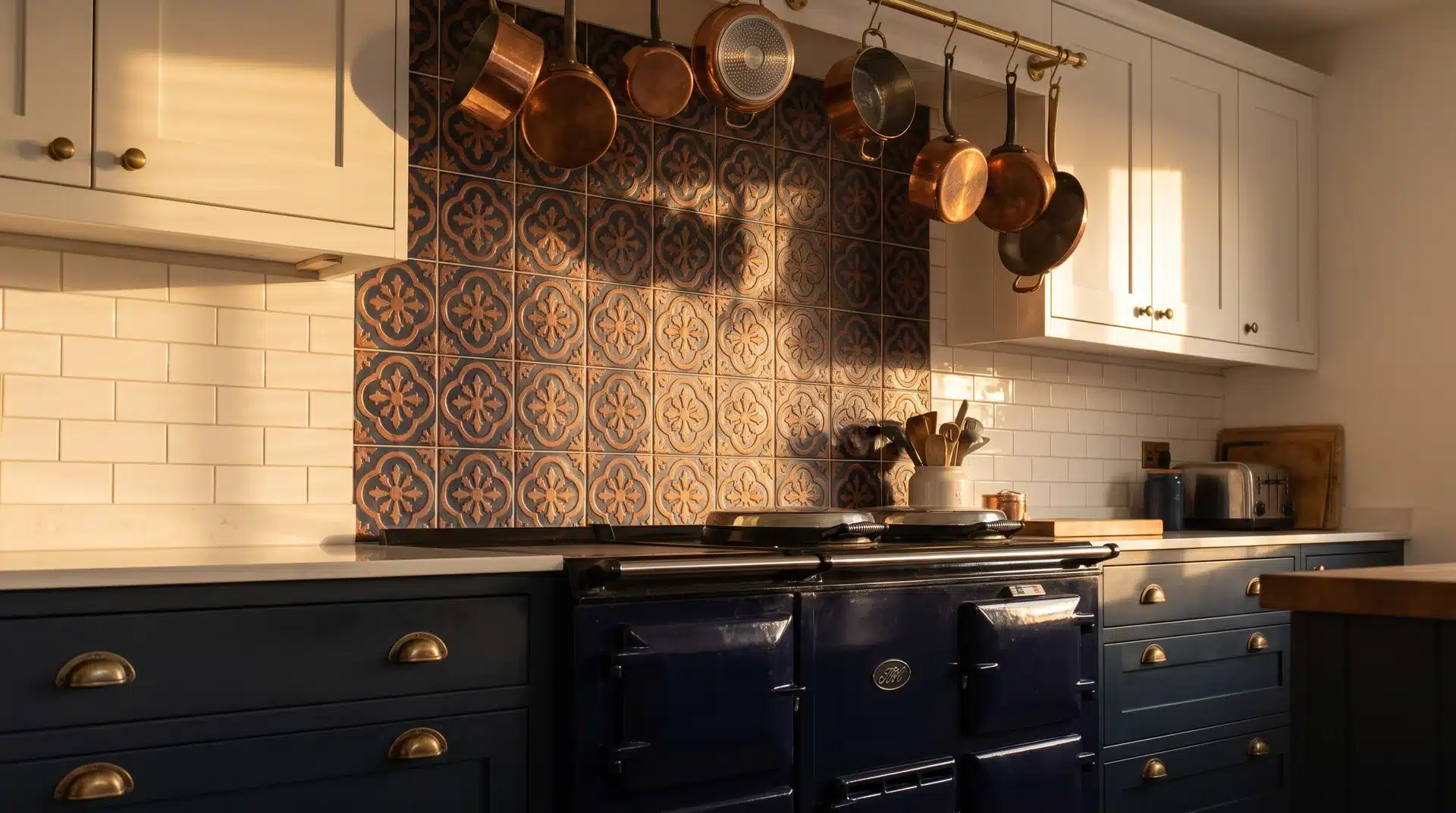 Navy and terracotta encaustic cement tile feature panel behind a range cooker with copper pots and brass hardware.